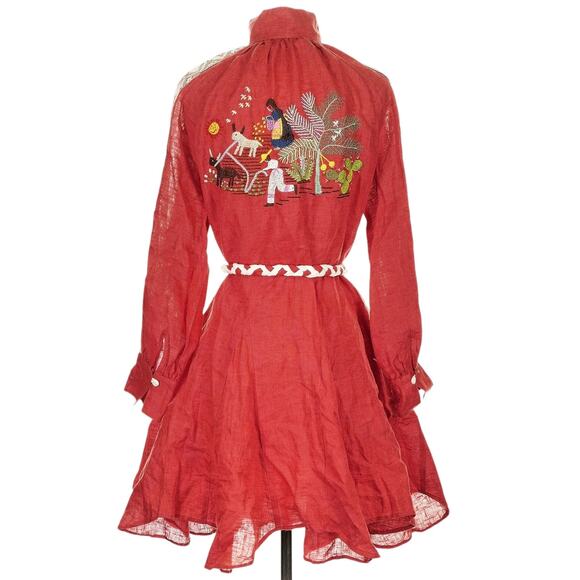 HILOS DE SOL Dalia Mexican embroidered linen lace belted red dress Size S M NEW - Picture 3 of 9